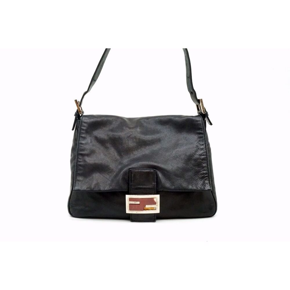 Fendi Hobo Handbag Mamma Bucket FF Buckle Leather Black